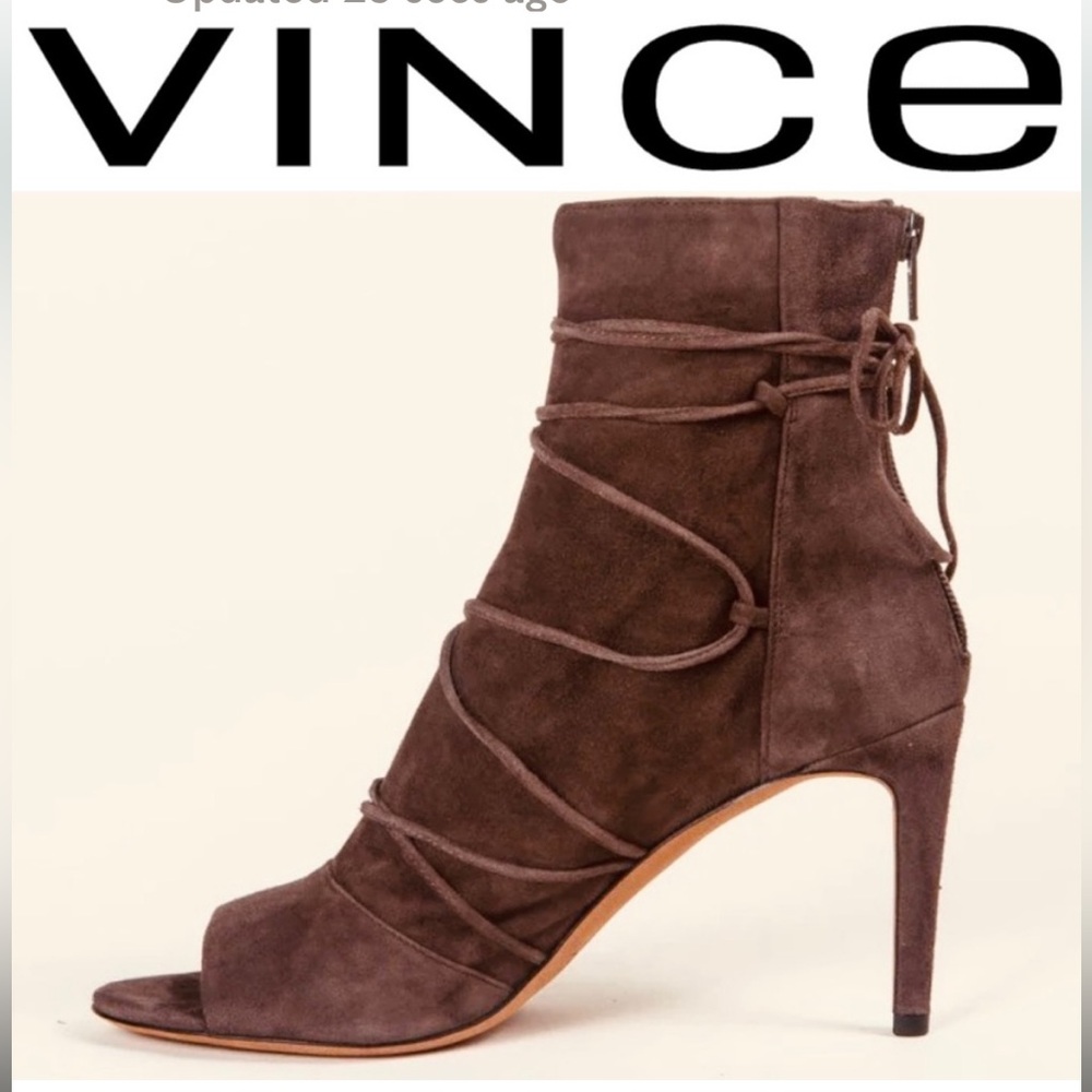 Vince Brown Suede Lace-Up Peep-Toe Stiletto Booties